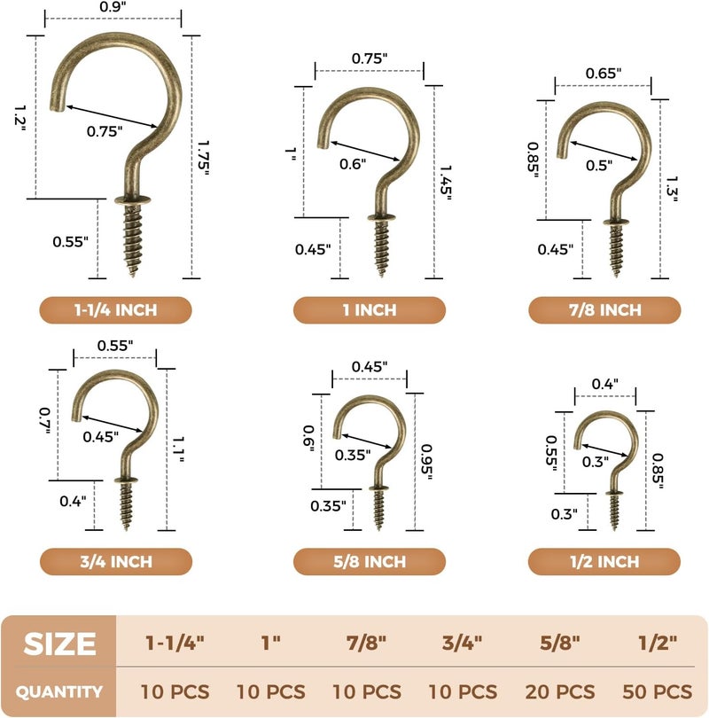 RELBRO Screw Hooks, 6 Sizes Metal Screw in Cup Hooks, 1/2 Inch, 5/8 Inch, 3/4 Inch, 7/8 Inch, 1 Inch, 1-1/4 Inch, Bronze, 110 Pcs - Image 3